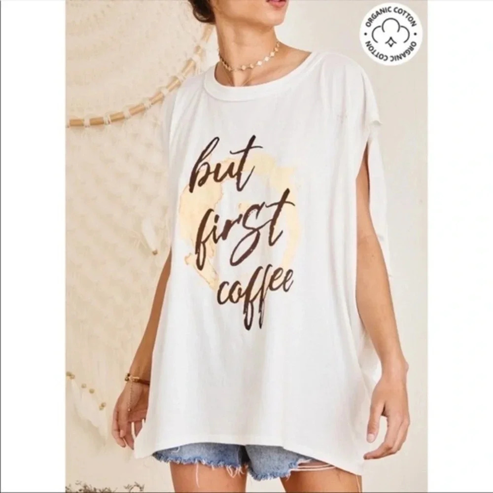 “But First Coffee” Oversized Graphic Tee | Organic Cotton Boho Top
